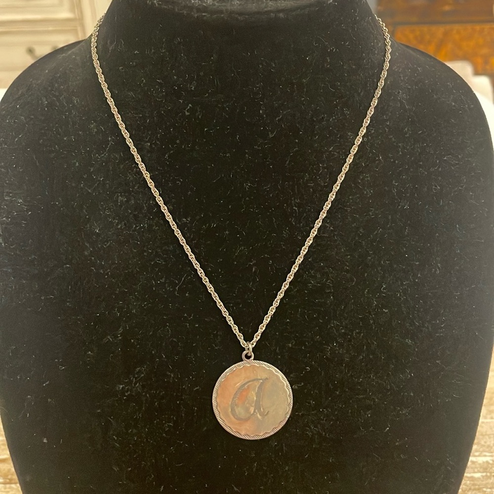 Vintage John Wind Monogrammed A Initial Pendant Statement Necklace Silver Tone